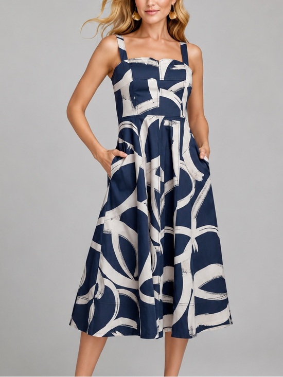 Donna Karan Dresses & Skirts - 🆕🫐Donna Karan New York Abstract Print Midi Dress Navy White Fit & Flare Size 14